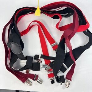 Lot of 4 Mens Elastic Y-Back Suspenders 38" Clip-On Adjustable Black Red